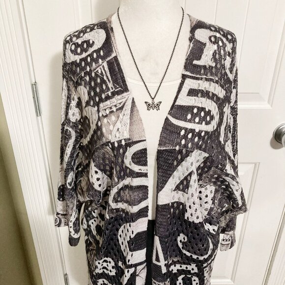 VIA VITALE Vintage white grey black number print long cardigan ~ MEDIUM LARGE XL - Picture 3 of 13